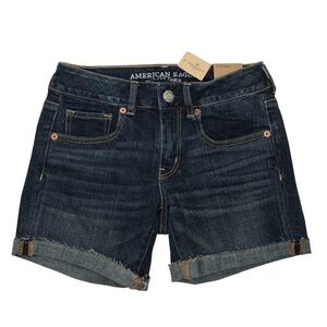AE Super Stretch Dark Wash Low-Rise MIDI Denim Jeans Shorts 4